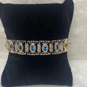 VTG Sterling Silver Blue Topaz Oval Link Bracelet Art Deco Style Sz‎ 7